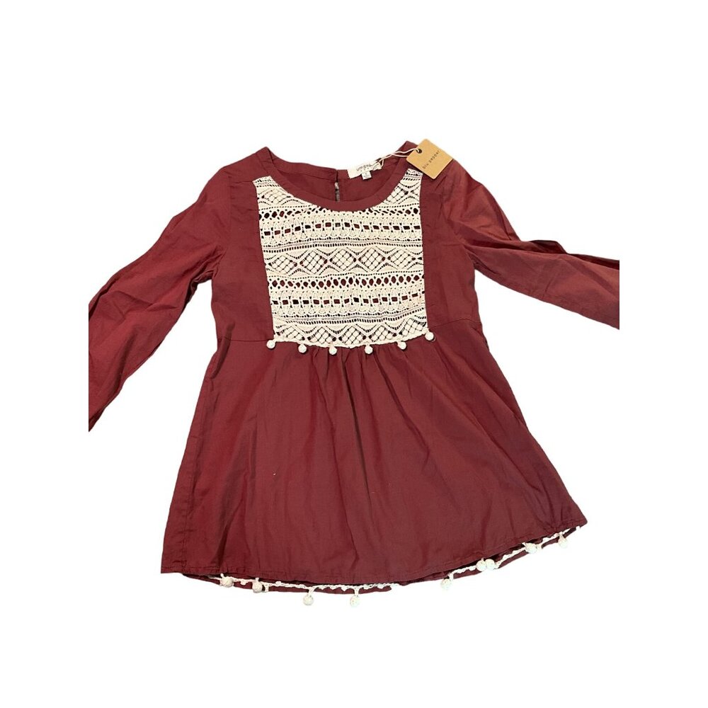 Umgee Dark Rust/Brown 3/4 Sleeve Top with Ivory Lace and‎ Pom Poms Size Small